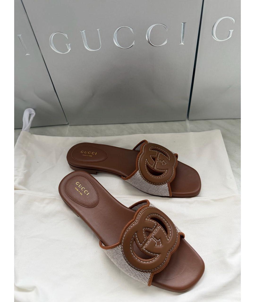 GUCCI Коричневые кожаные шлепанцы, фото 2