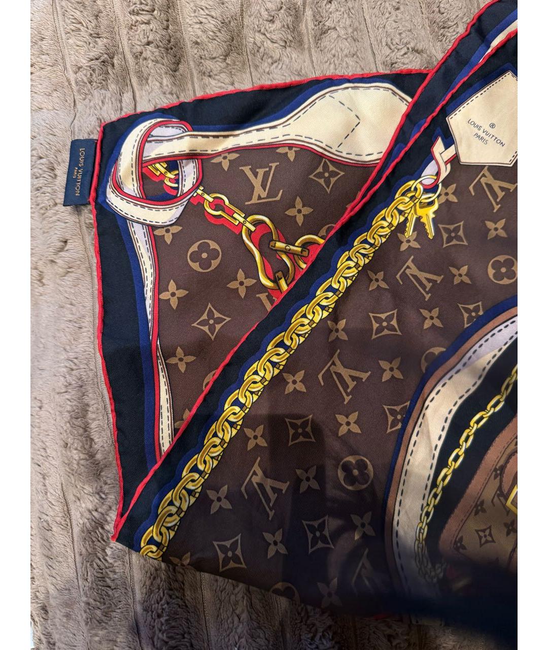LOUIS VUITTON Коричневый шелковый платок, фото 3