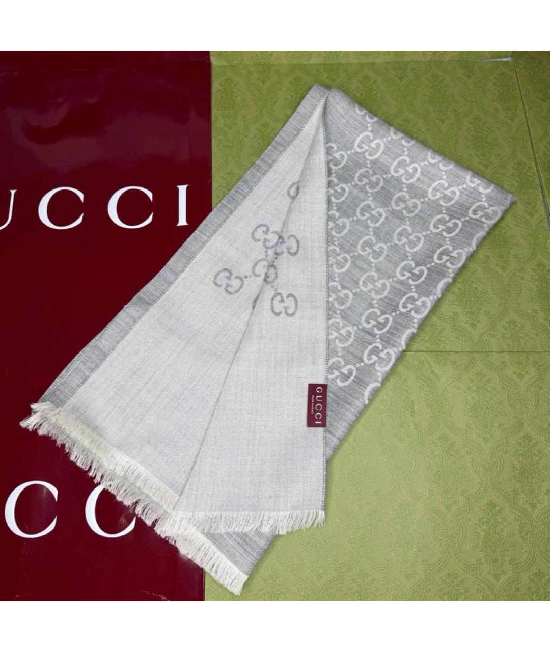GUCCI Серый шерстяной шарф, фото 2