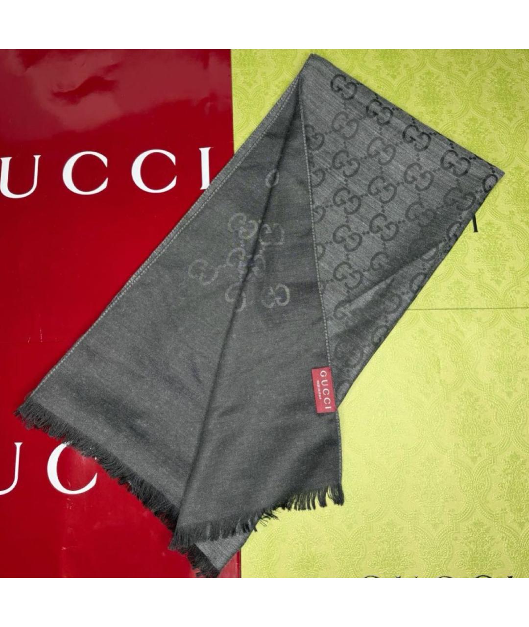 GUCCI Антрацитовый шерстяной шарф, фото 2