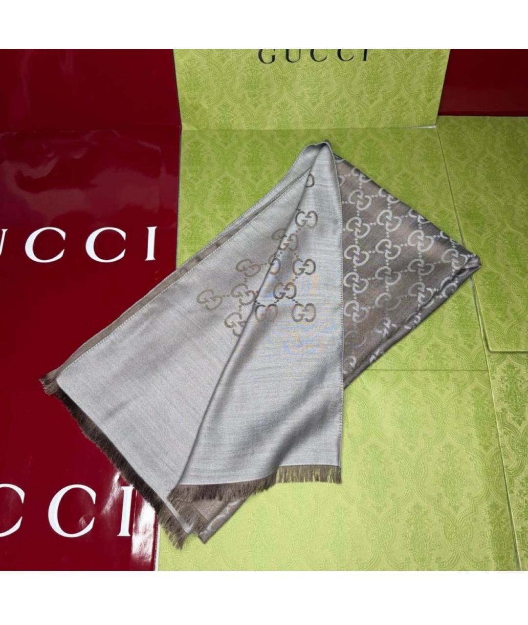 GUCCI Серый шерстяной шарф, фото 2