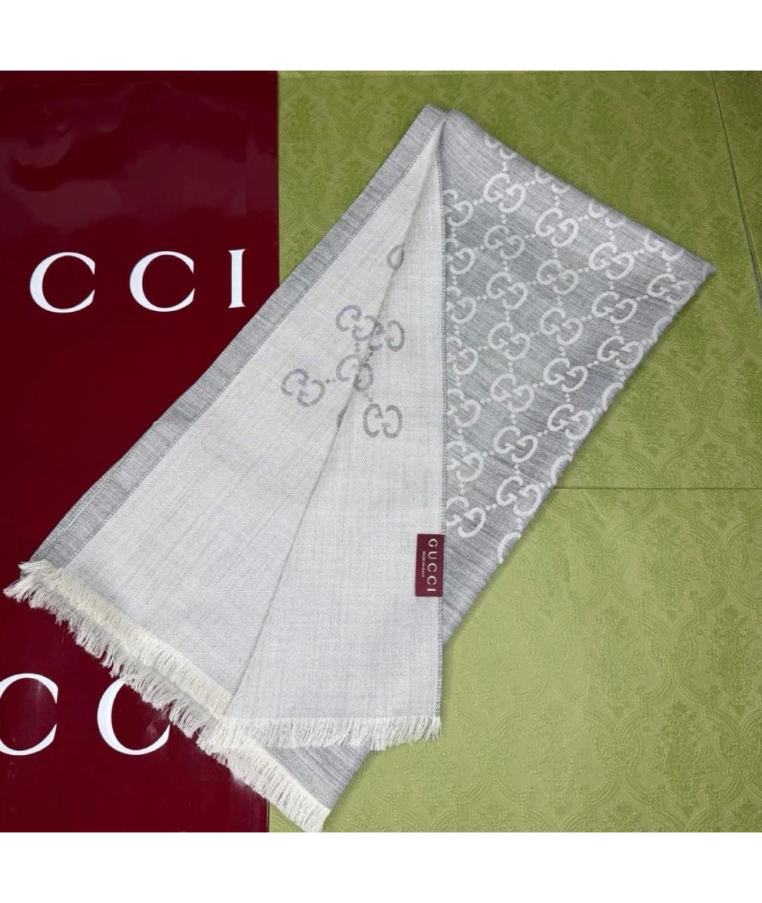GUCCI Серый шерстяной шарф, фото 2