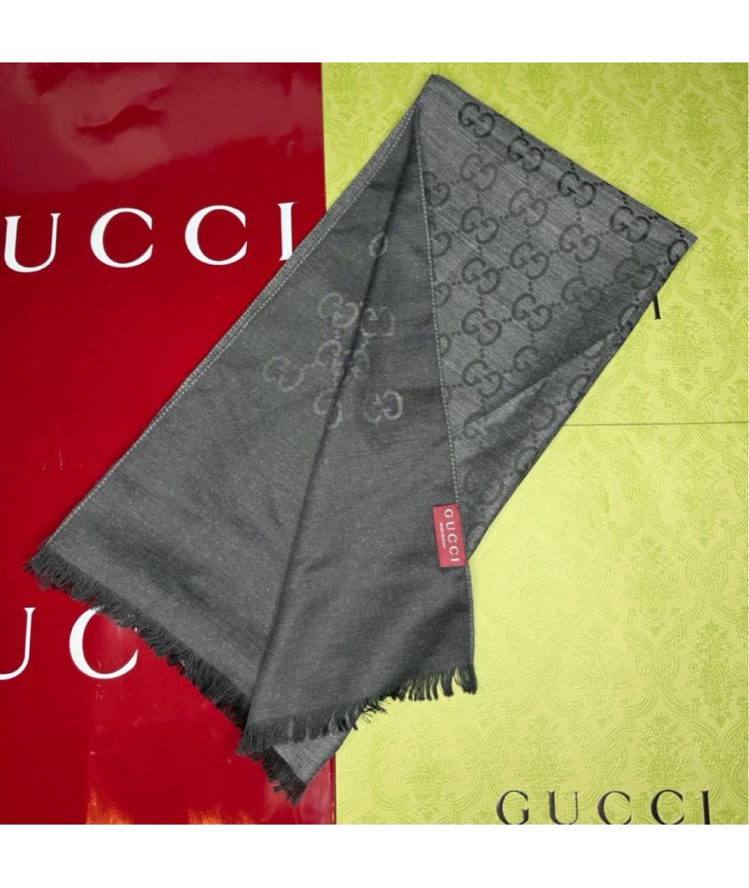 GUCCI Серый шерстяной шарф, фото 2