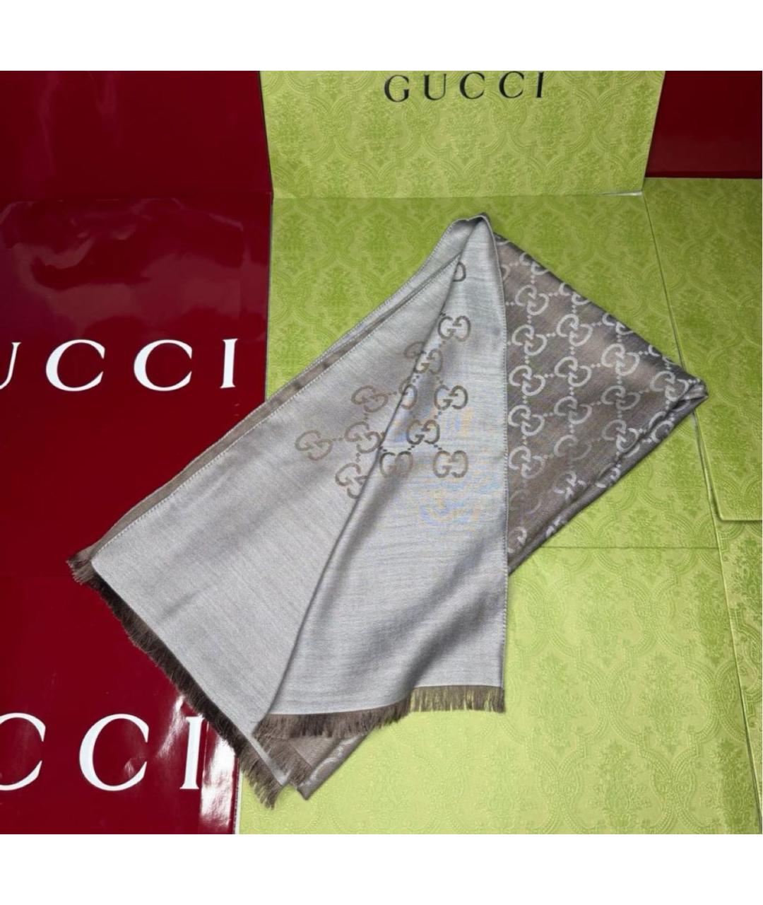 GUCCI Коричневый шерстяной шарф, фото 2