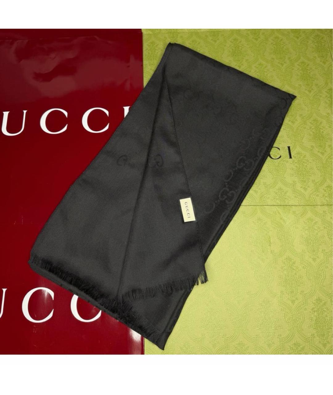 GUCCI Черный шерстяной шарф, фото 2