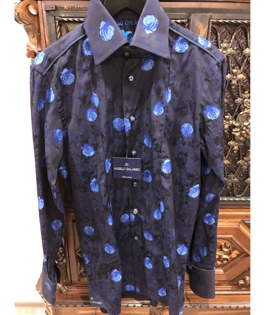 ANGELO GALASSO Синяя хлопковая кэжуал рубашка, фото 5