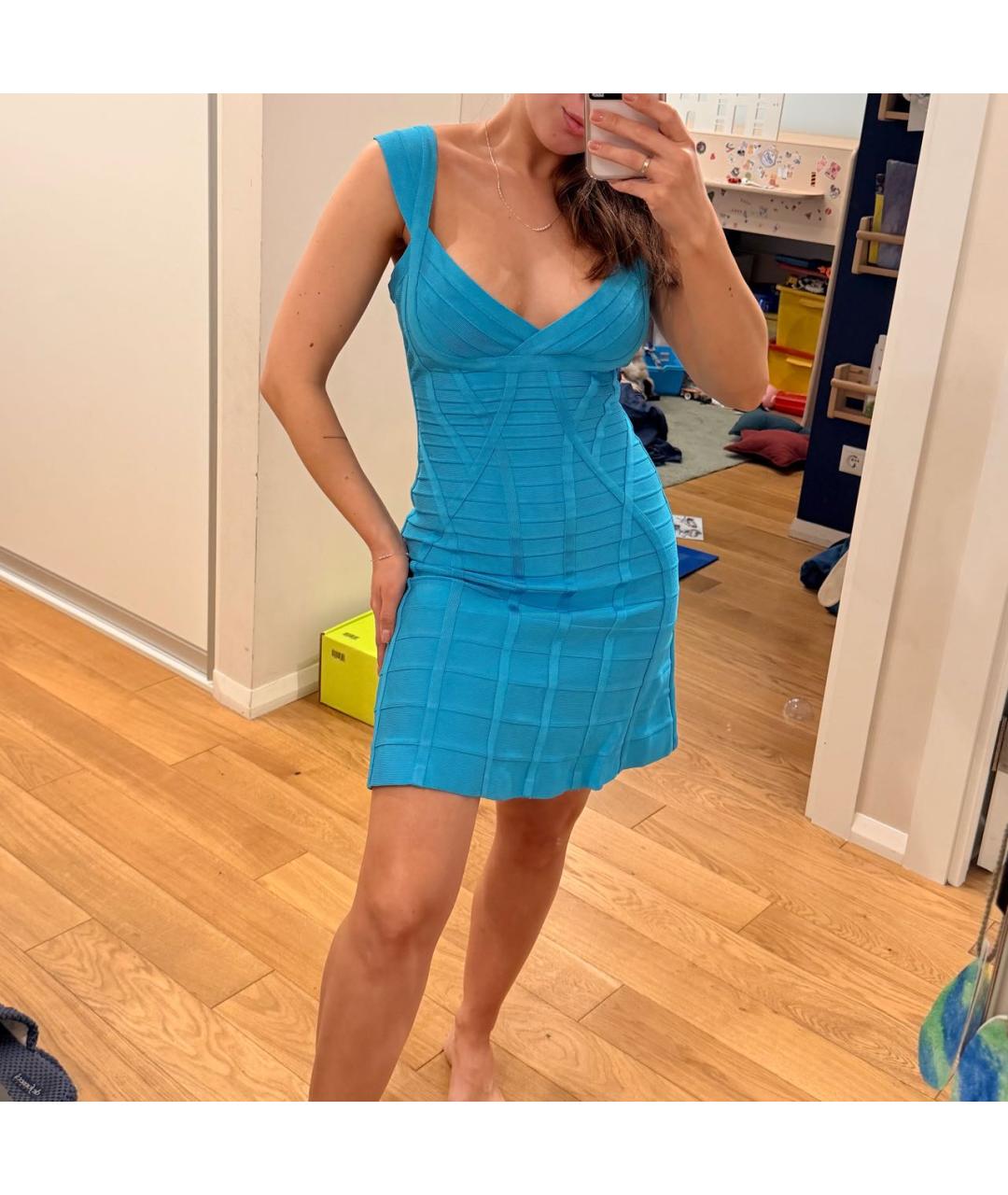 HERVE LEGER Голубое вискозное коктейльное платье, фото 8