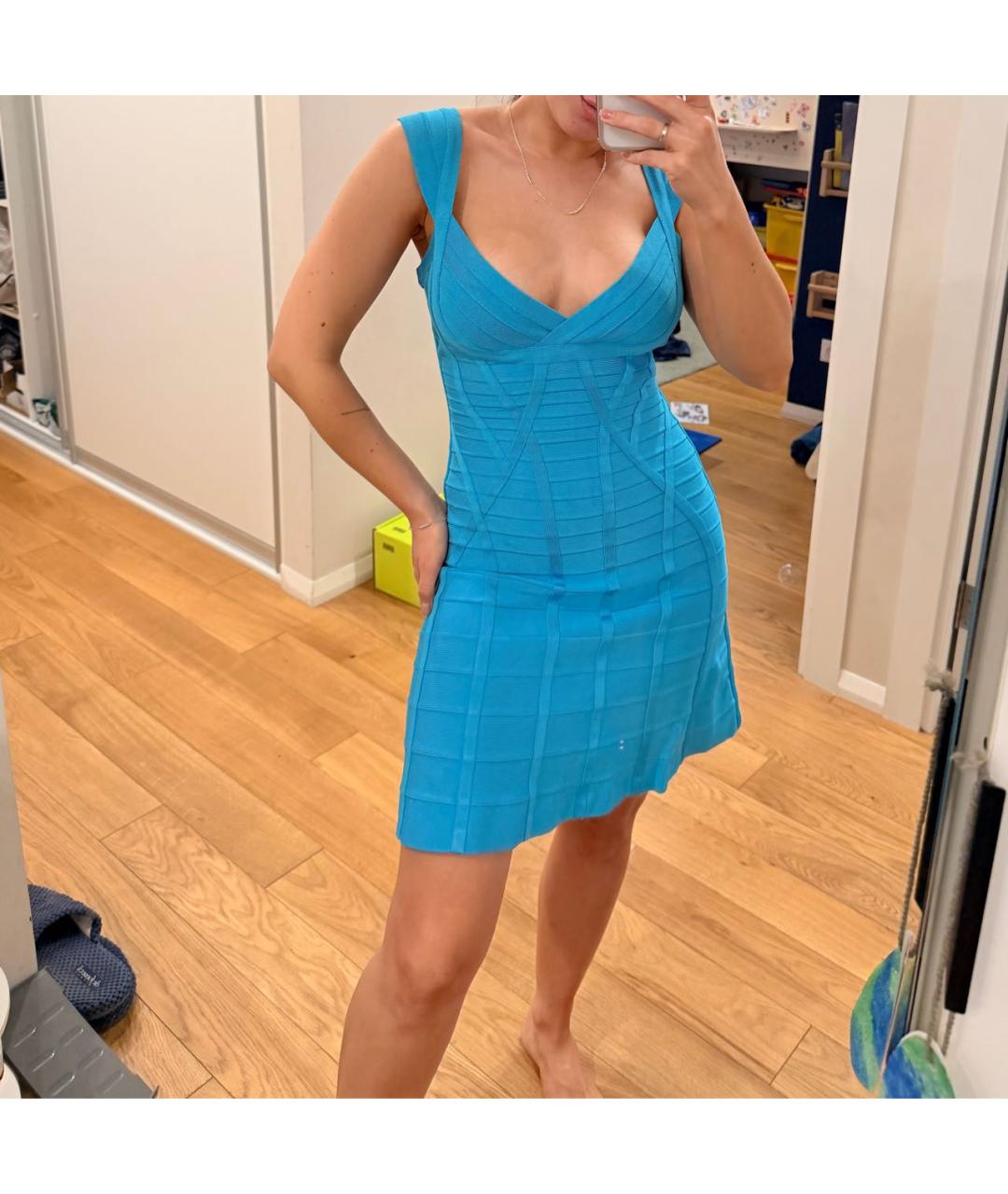 HERVE LEGER Голубое вискозное коктейльное платье, фото 7