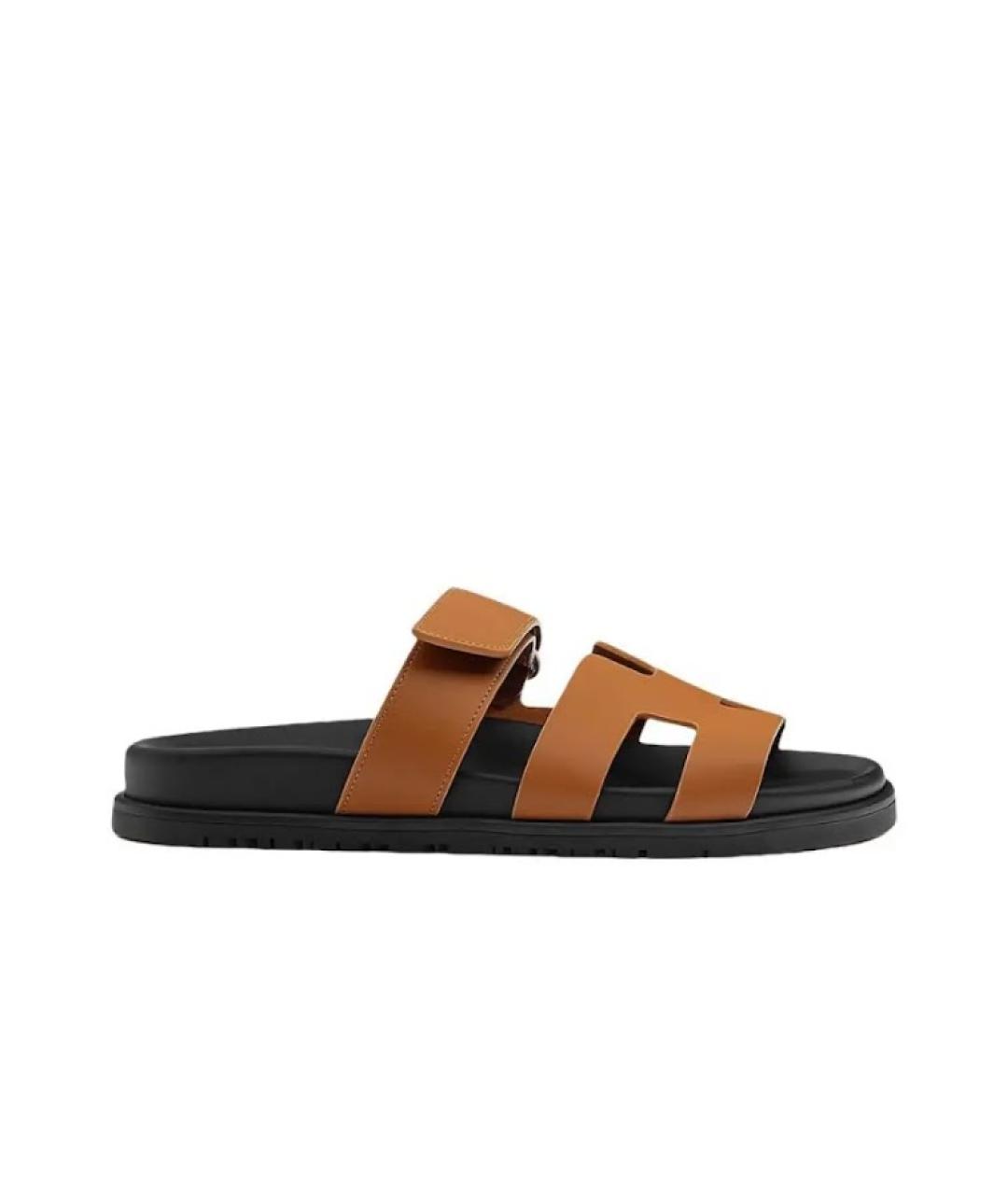 HERMES Коричневые кожаные шлепанцы, фото 9