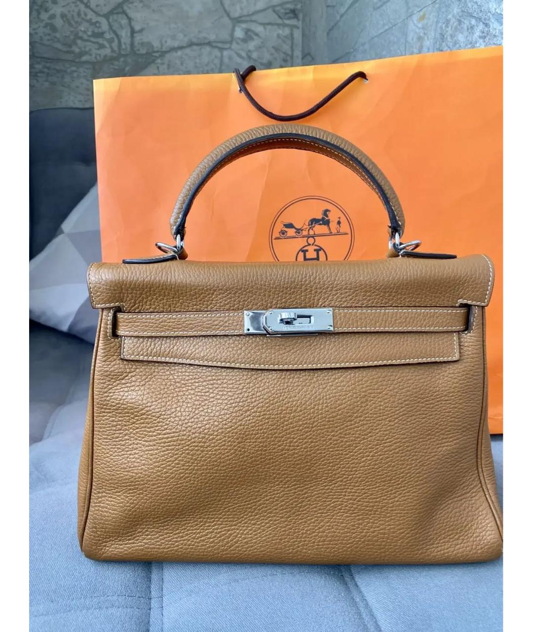 HERMES Золотая кожаная сумка с короткими ручками, фото 9
