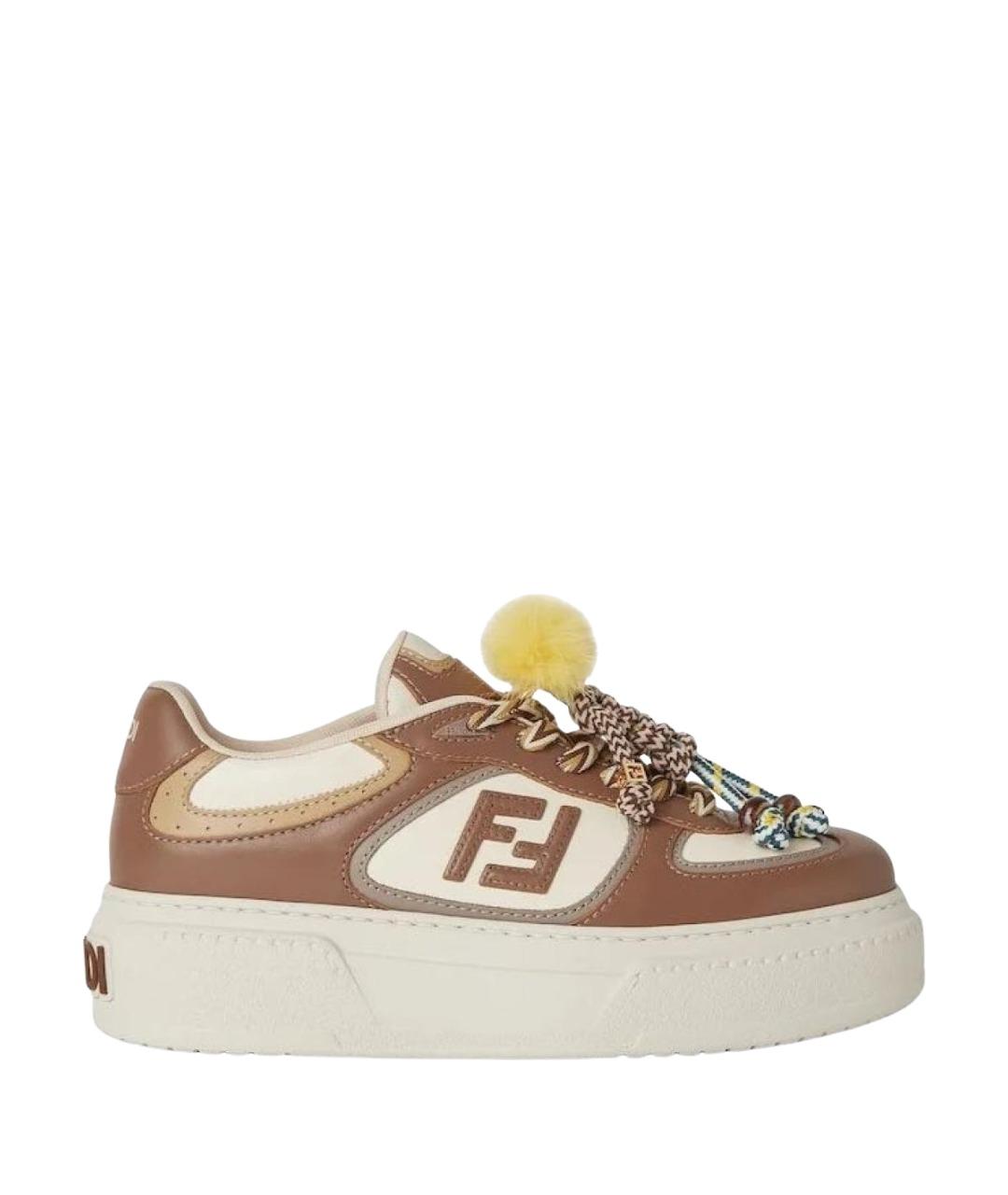 FENDI Бежевые кожаные кеды, фото 1
