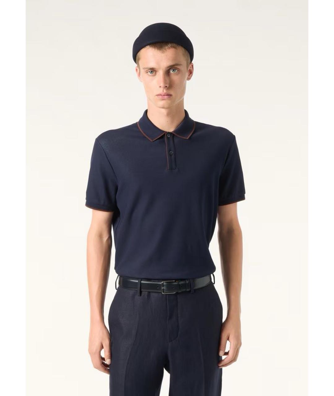 LORO PIANA Темно-синее хлопко-эластановое поло с коротким рукавом, фото 2