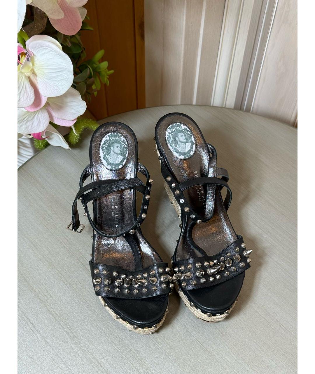 PHILIPP PLEIN Черные кожаные босоножки, фото 2
