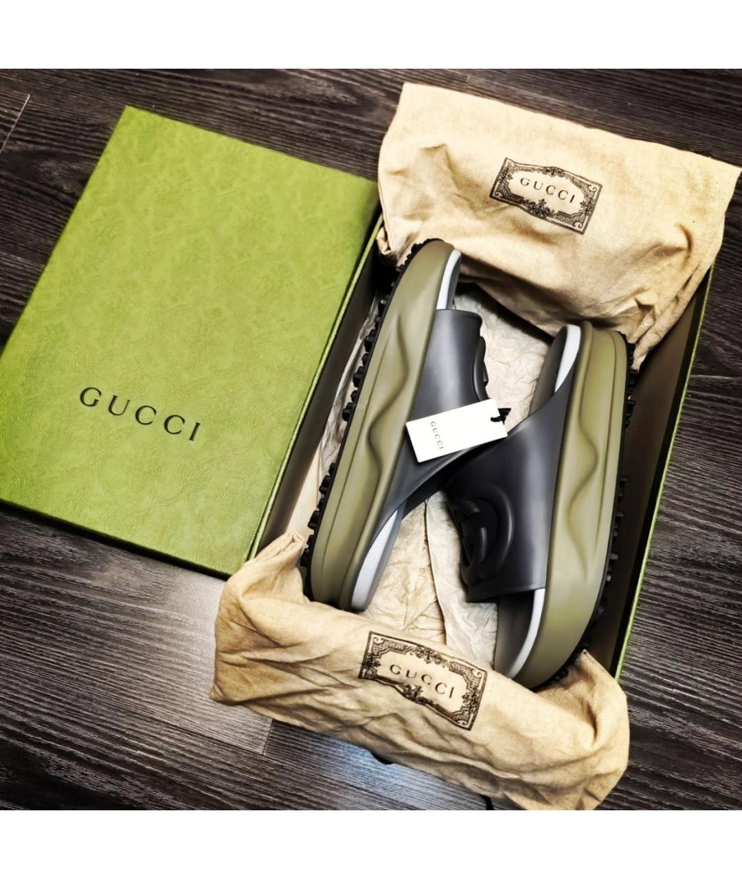 GUCCI Хаки резиновые шлепанцы, фото 4