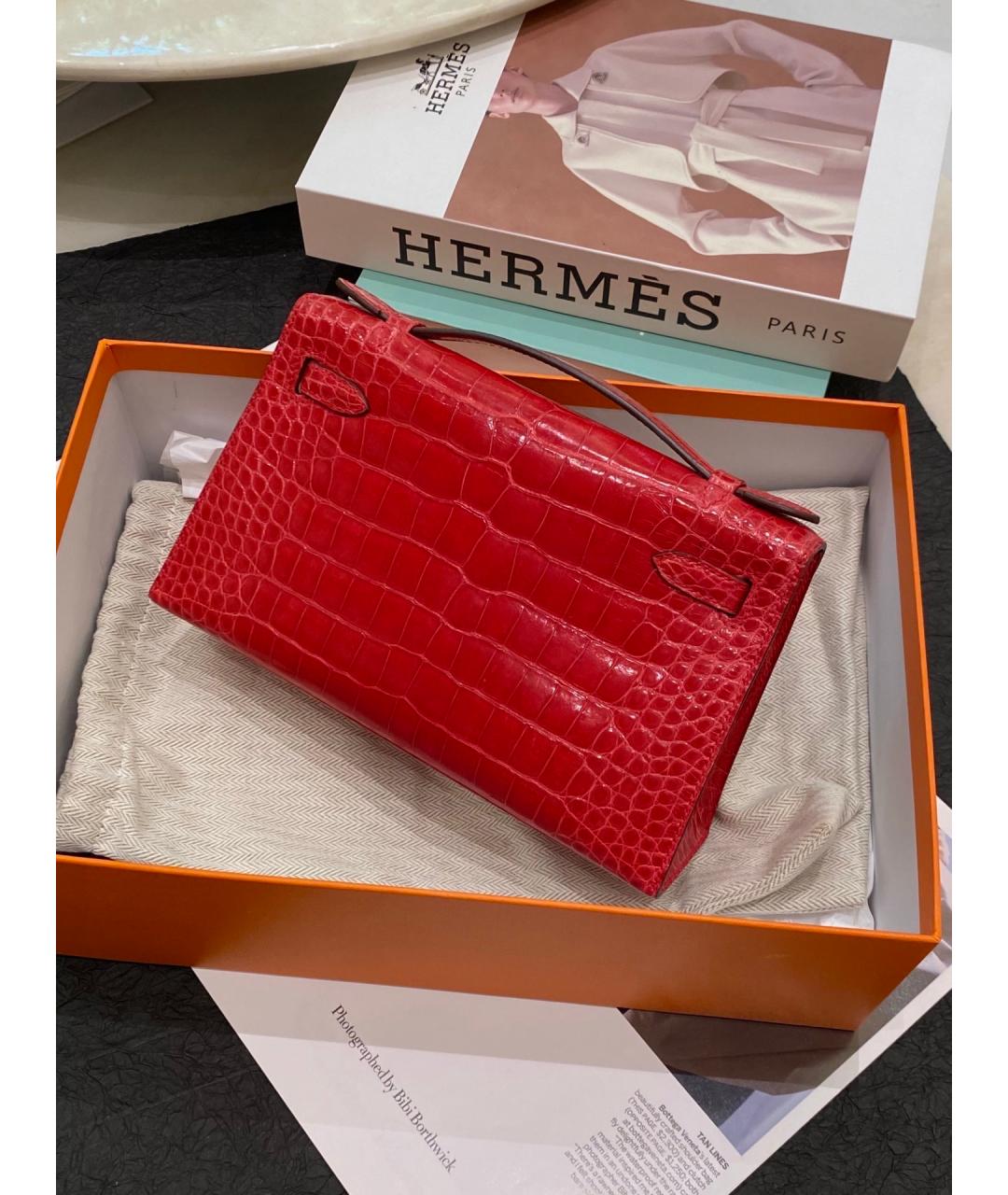 HERMES Красная кожаная сумка с короткими ручками, фото 2