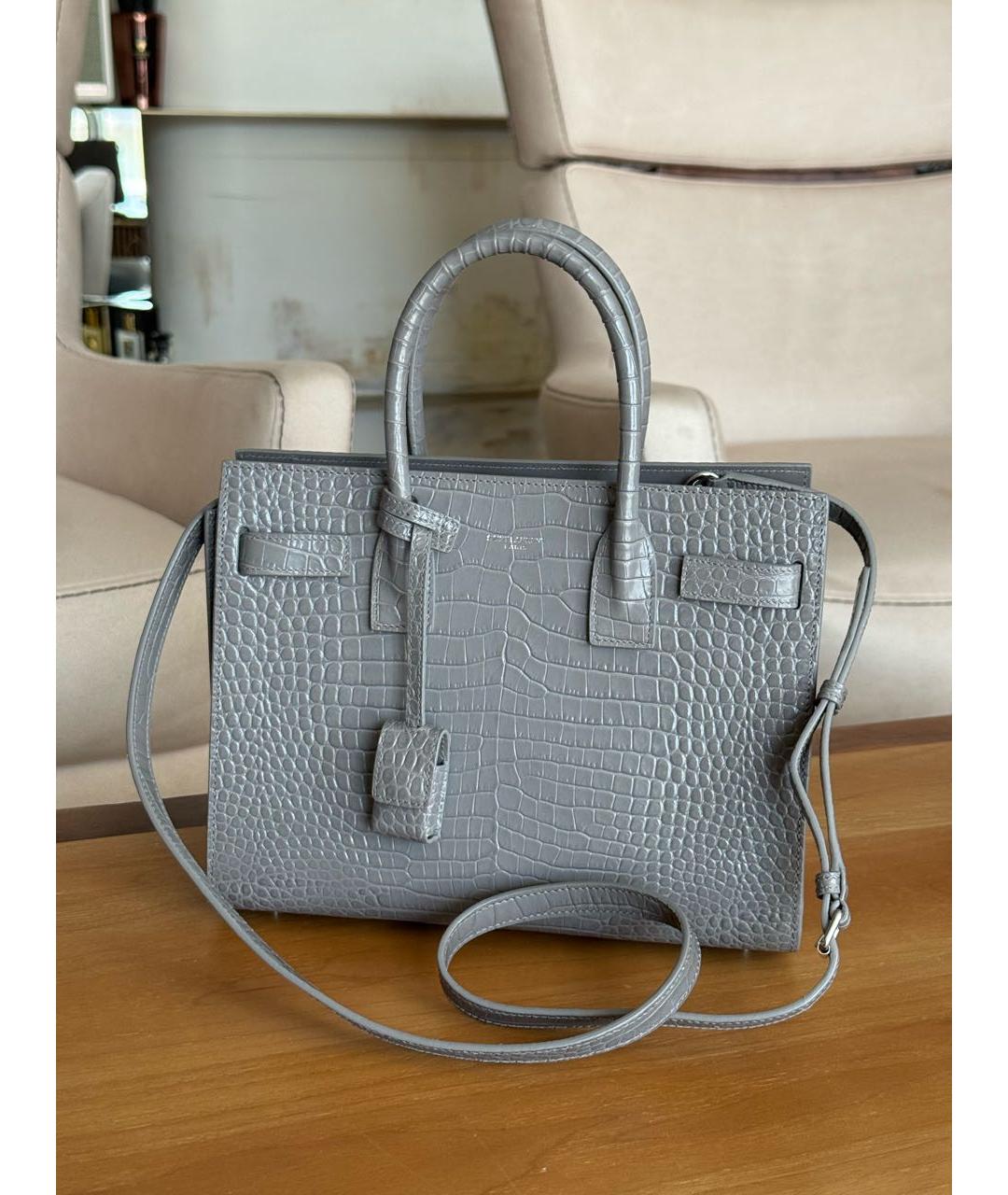 SAINT LAURENT Серая кожаная сумка с короткими ручками, фото 2