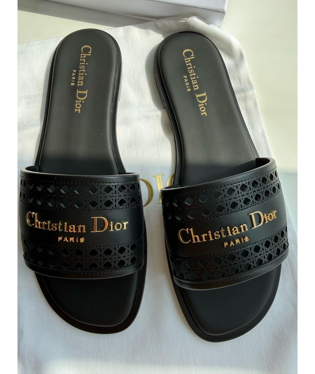 CHRISTIAN DIOR Черные кожаные шлепанцы, фото 8