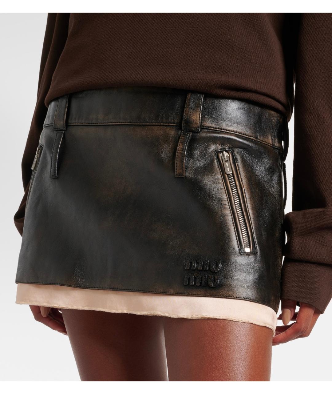 MIU MIU Черная кожаная юбка мини, фото 4