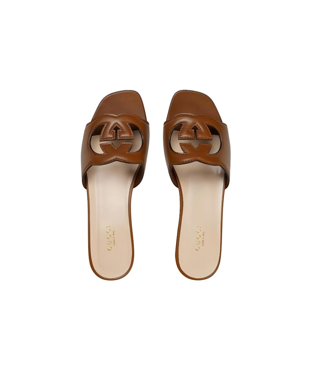 GUCCI Коричневые кожаные шлепанцы, фото 5