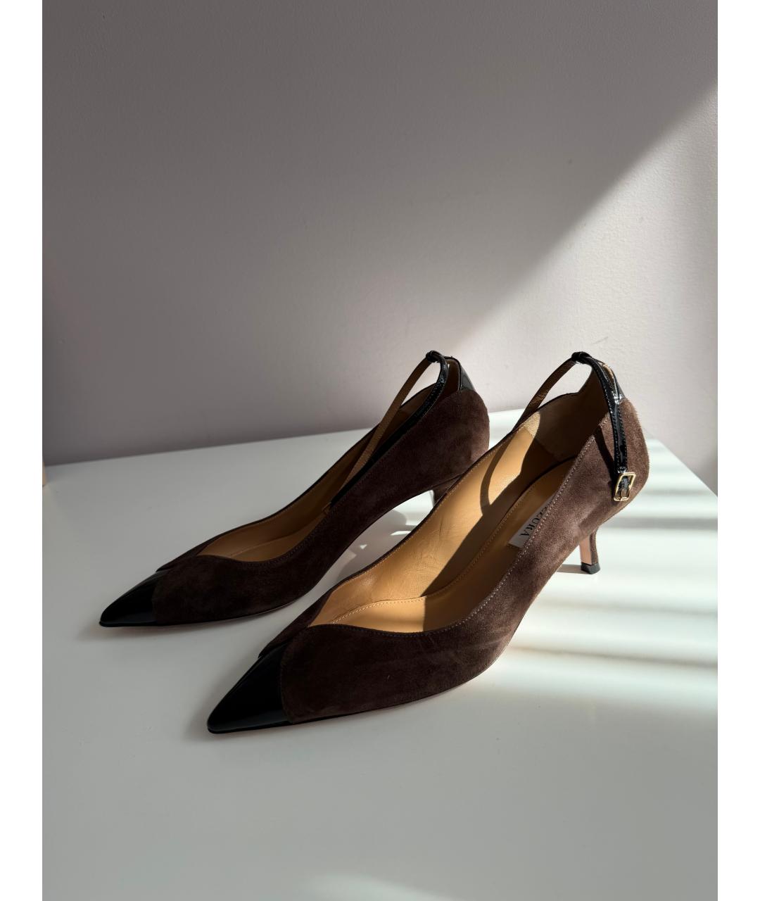AQUAZZURA Коричневые кожаные лодочки на низком каблуке, фото 4