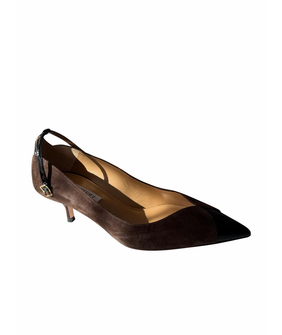 AQUAZZURA Коричневые кожаные лодочки на низком каблуке, фото 1