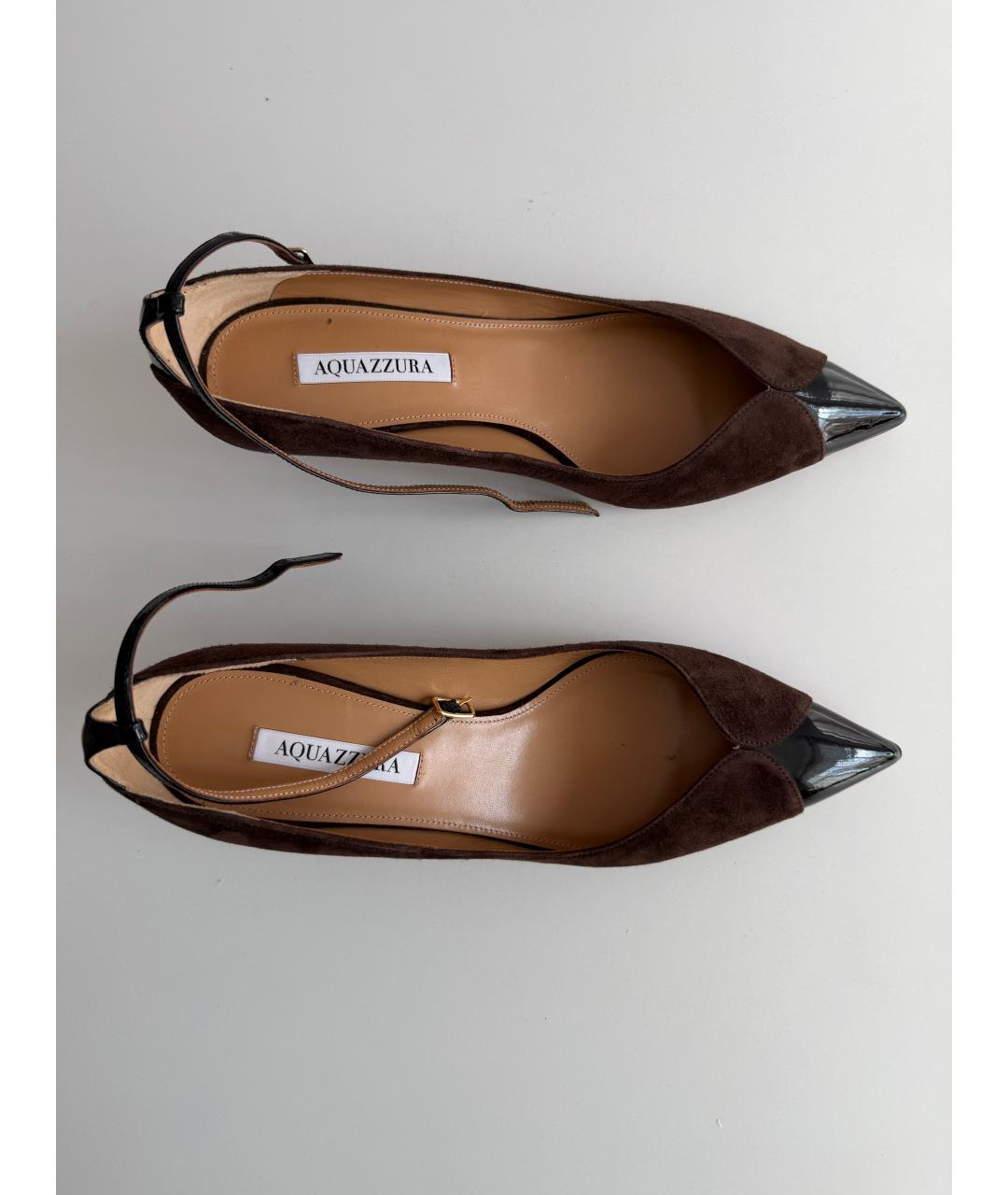 AQUAZZURA Коричневые кожаные лодочки на низком каблуке, фото 2