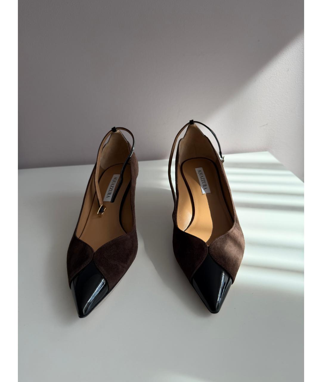 AQUAZZURA Коричневые кожаные лодочки на низком каблуке, фото 3