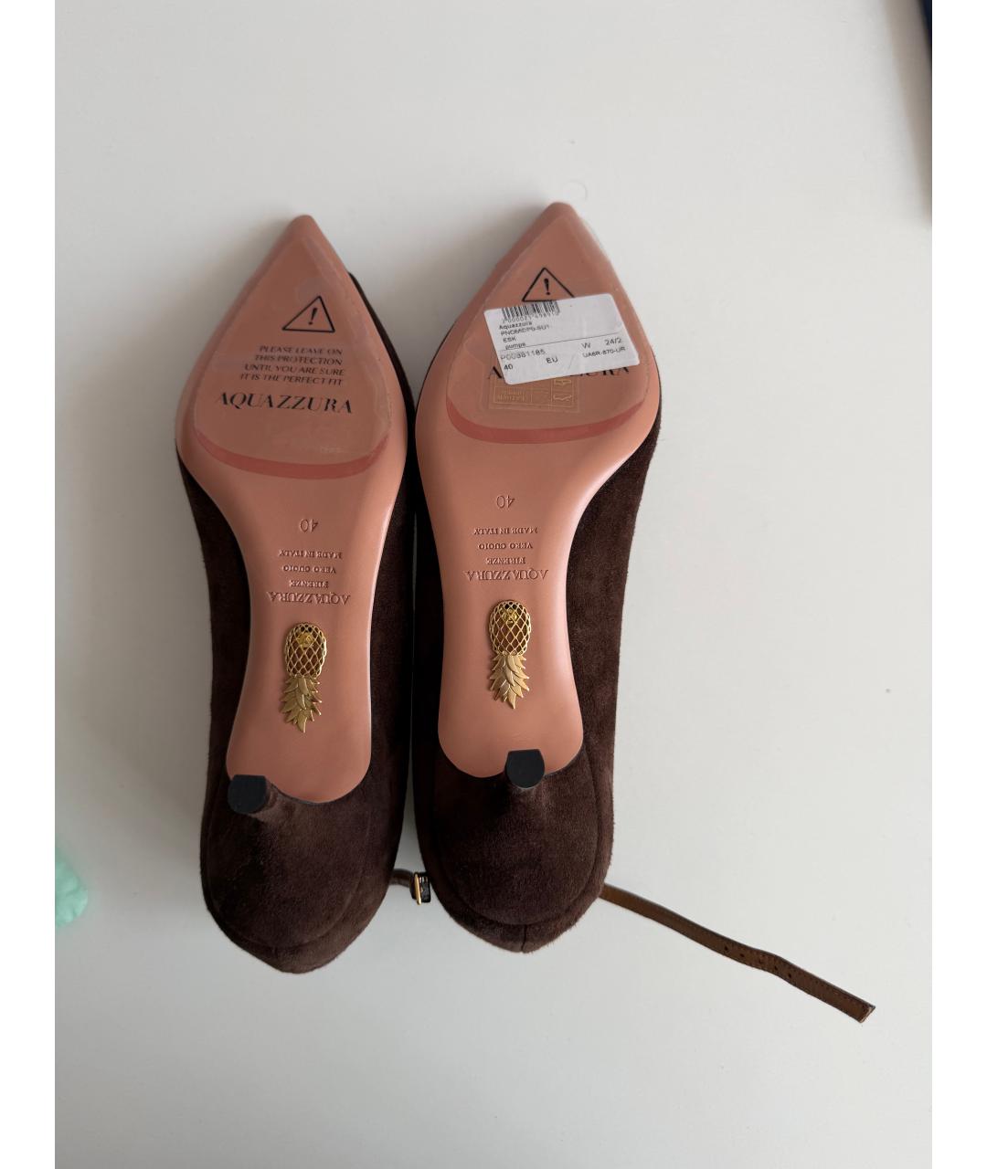 AQUAZZURA Коричневые кожаные лодочки на низком каблуке, фото 5