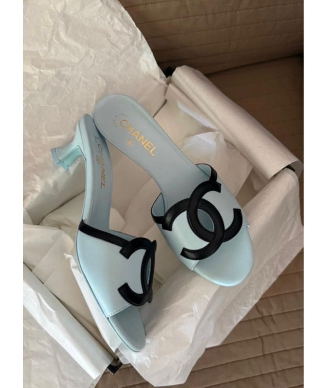 CHANEL Голубые кожаные мюли, фото 5