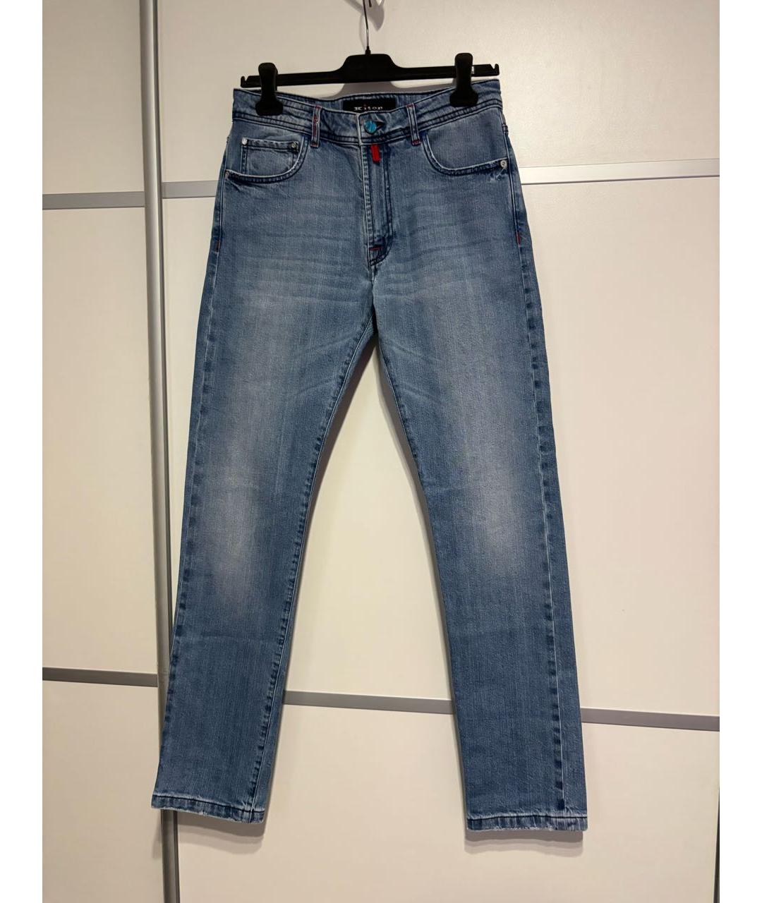 KITON Голубые хлопко-эластановые прямые джинсы, фото 6
