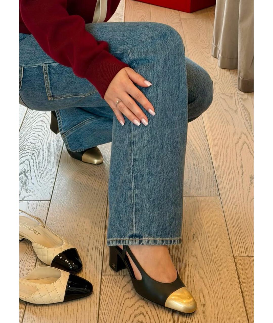 CHANEL Черные кожаные лодочки на низком каблуке, фото 4