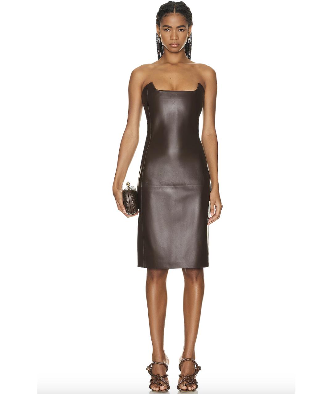 BOTTEGA VENETA Коричневое кожаное коктейльное платье, фото 2