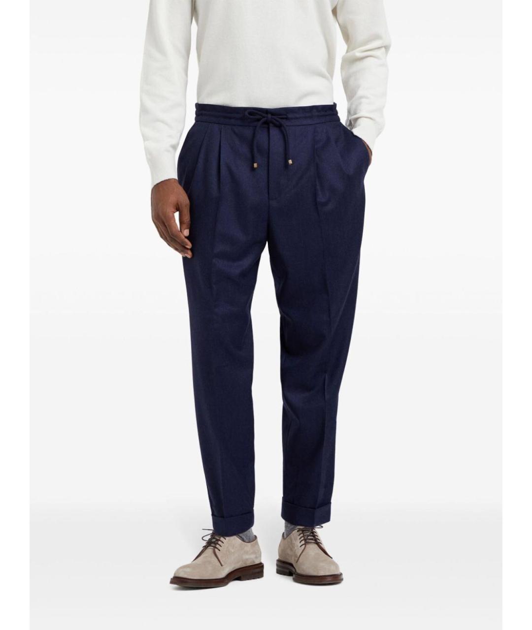 BRUNELLO CUCINELLI Темно-синие шерстяные повседневные брюки, фото 6
