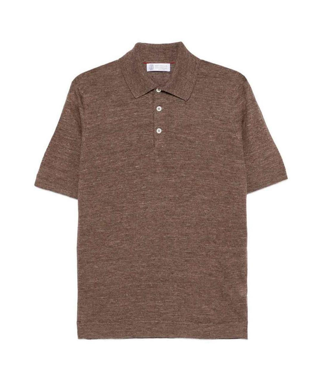 BRUNELLO CUCINELLI Коричневое хлопко-льняное поло с коротким рукавом, фото 1