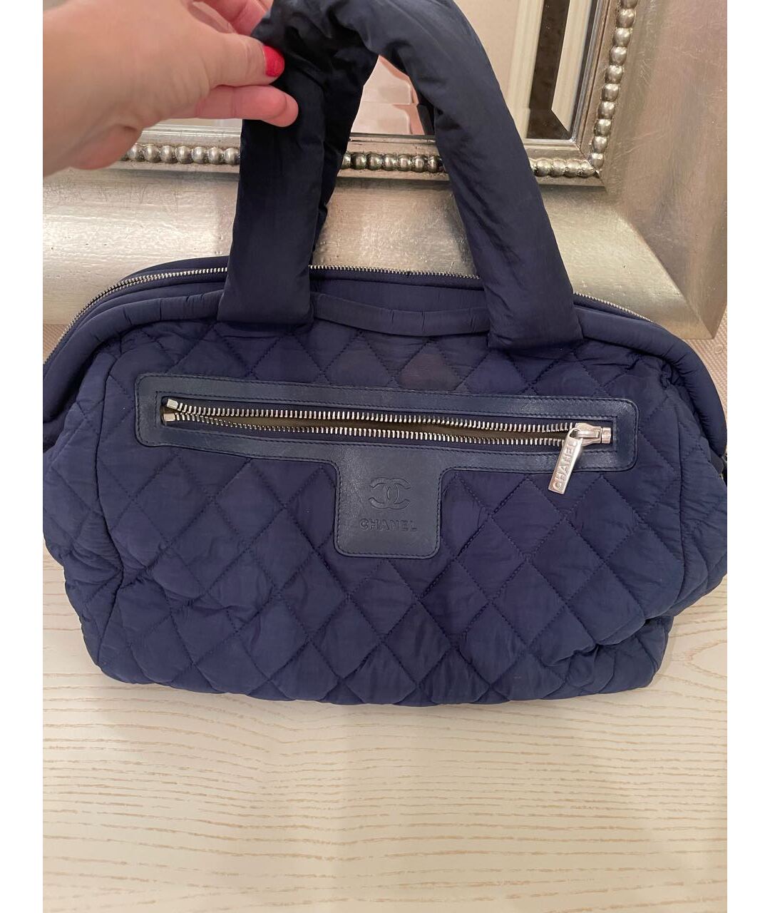 CHANEL PRE-OWNED Синяя тканевая сумка с короткими ручками, фото 9