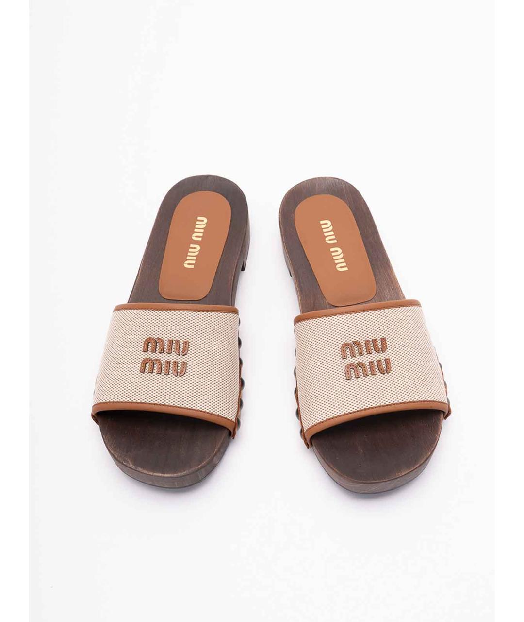 MIU MIU Бежевые текстильные шлепанцы, фото 5