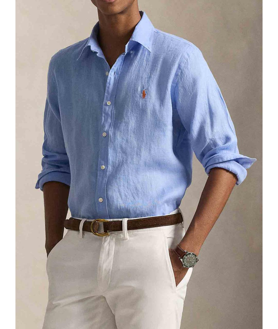 POLO RALPH LAUREN Синяя льняная классическая рубашка, фото 2
