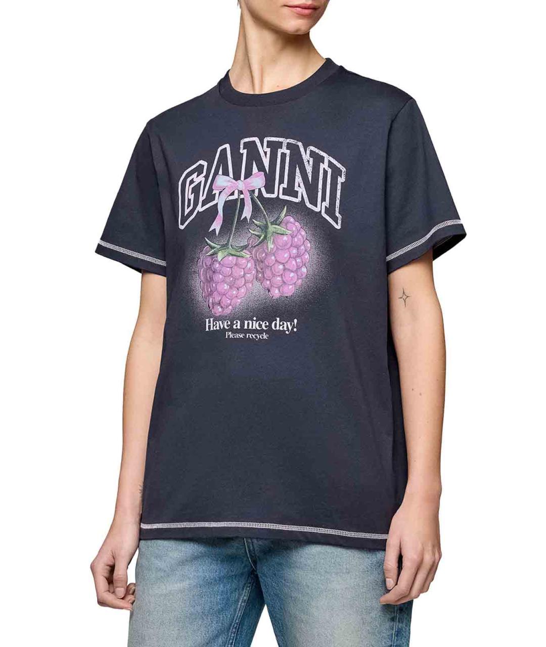 GANNI Черная хлопковая футболка, фото 3