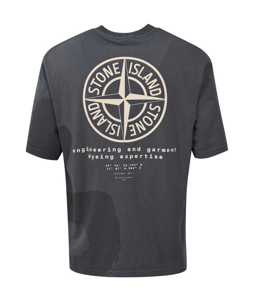 STONE ISLAND Темно-синяя хлопковая футболка, фото 2