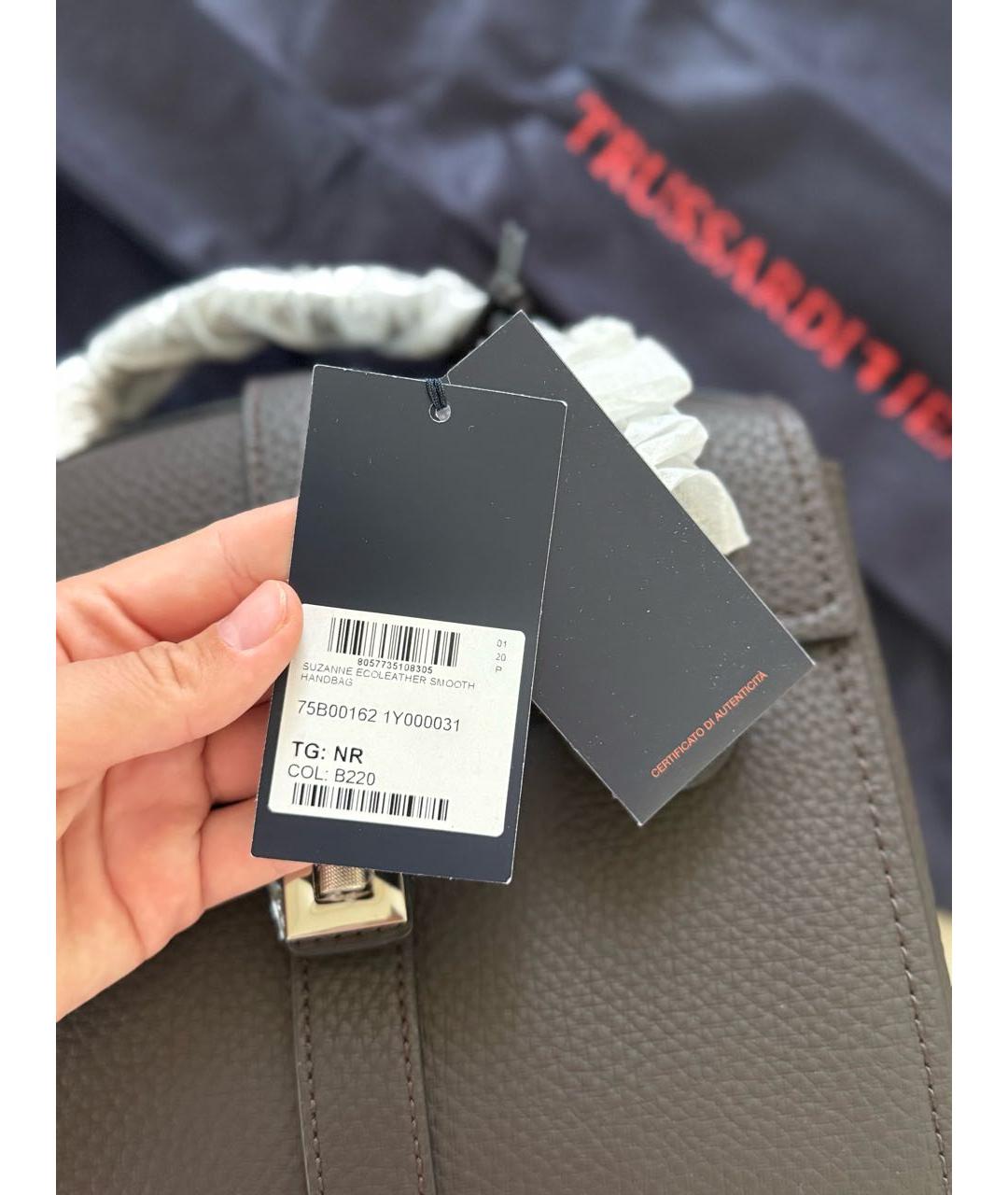 TRUSSARDI JEANS Коричневая кожаная сумка с короткими ручками, фото 5