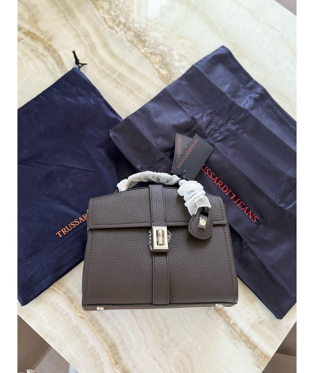 TRUSSARDI JEANS Коричневая кожаная сумка с короткими ручками, фото 6