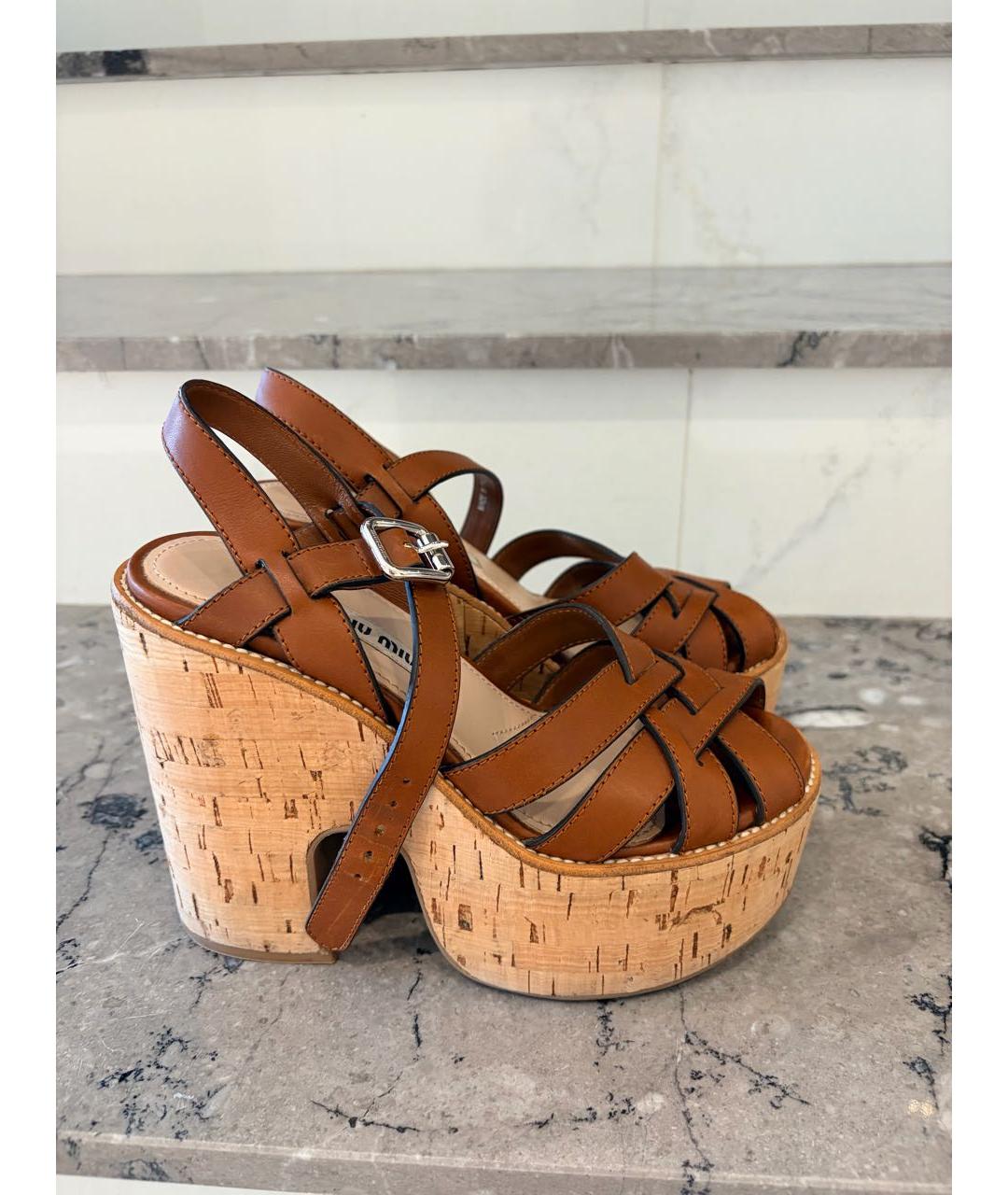 MIU MIU Коричневые кожаные босоножки, фото 4