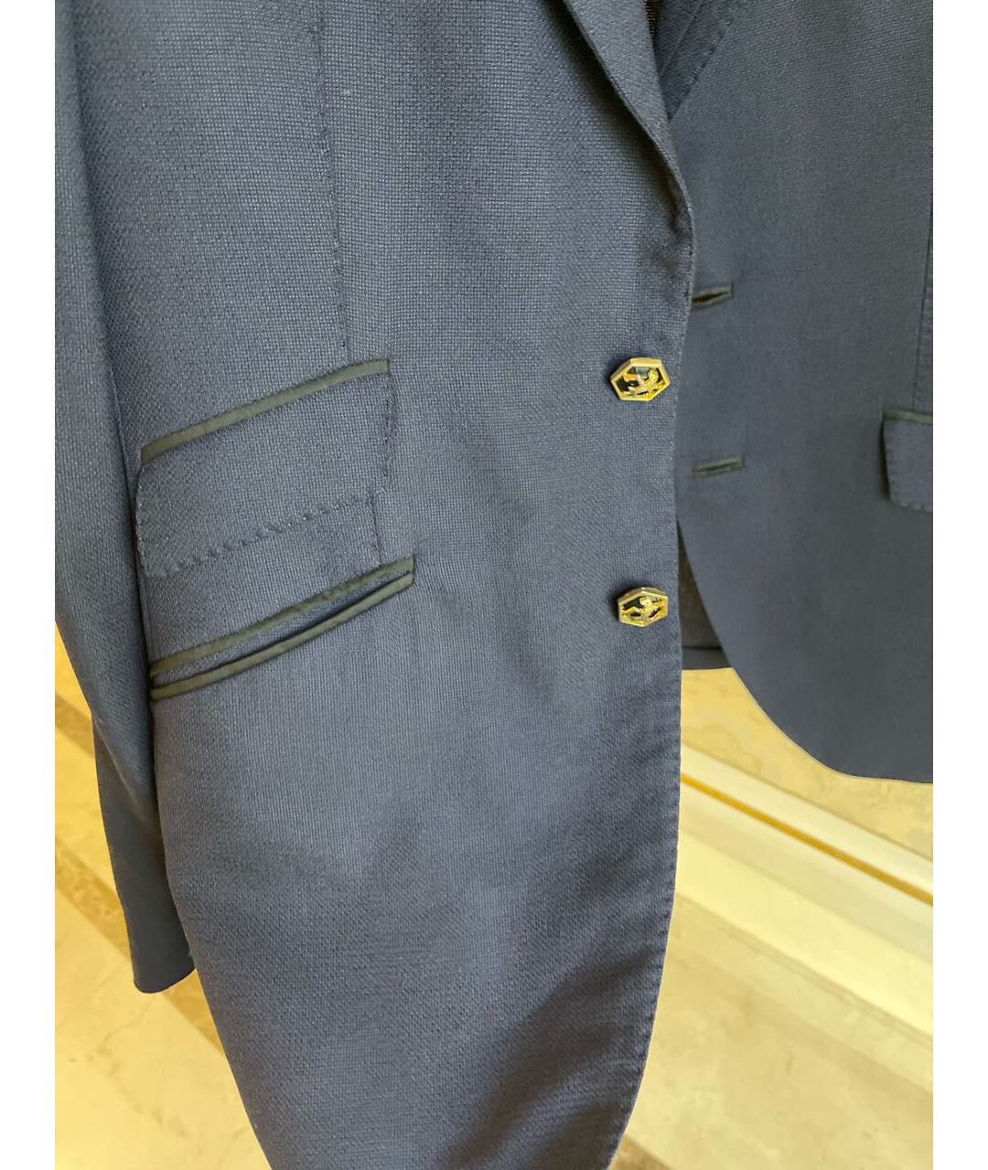 ANGELO GALASSO Темно-синий хлопко-эластановый пиджак, фото 3