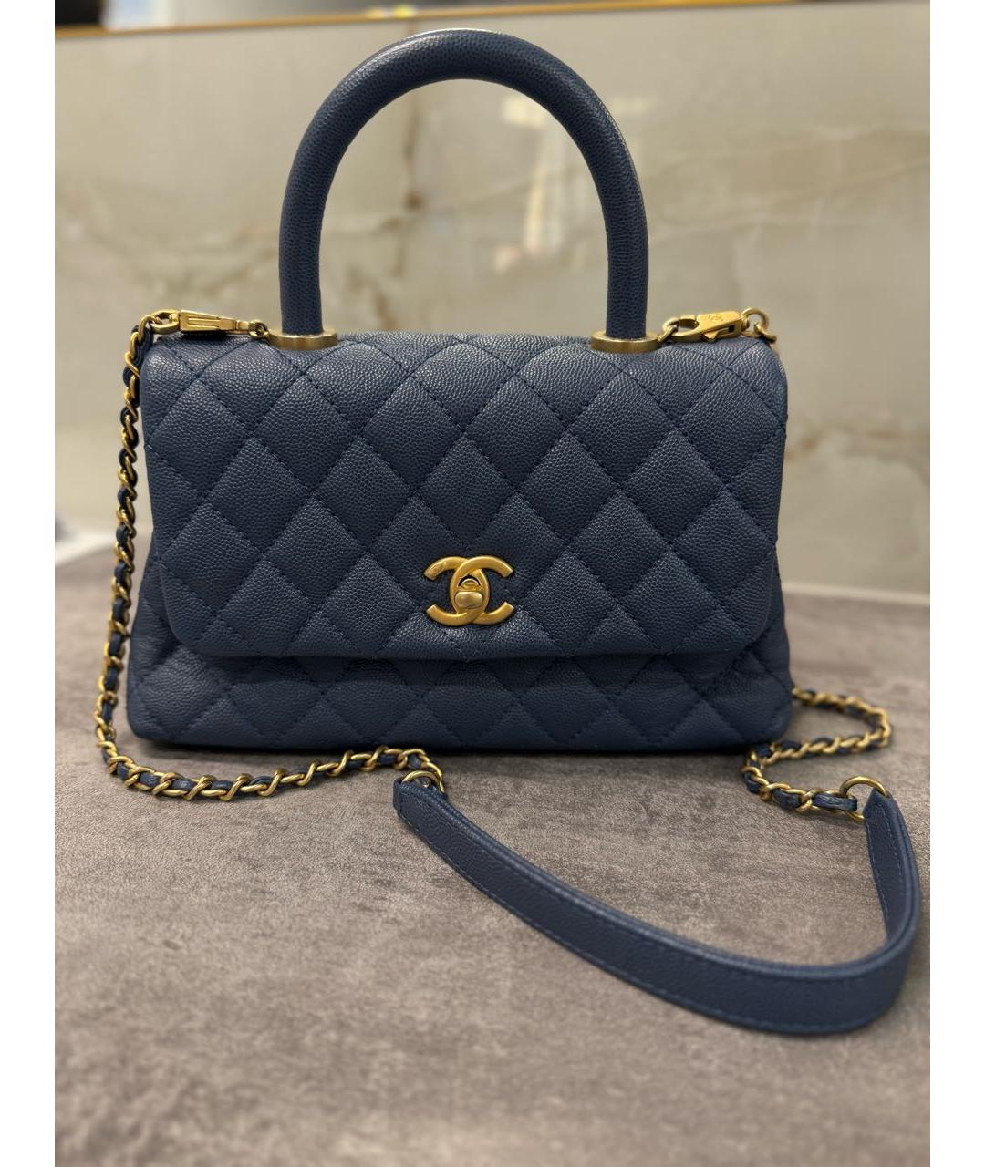 CHANEL Синяя кожаная сумка с короткими ручками, фото 2