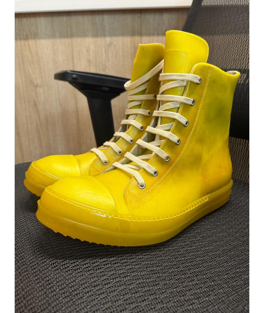 RICK OWENS Желтые кожаные высокие кроссовки / кеды, фото 2