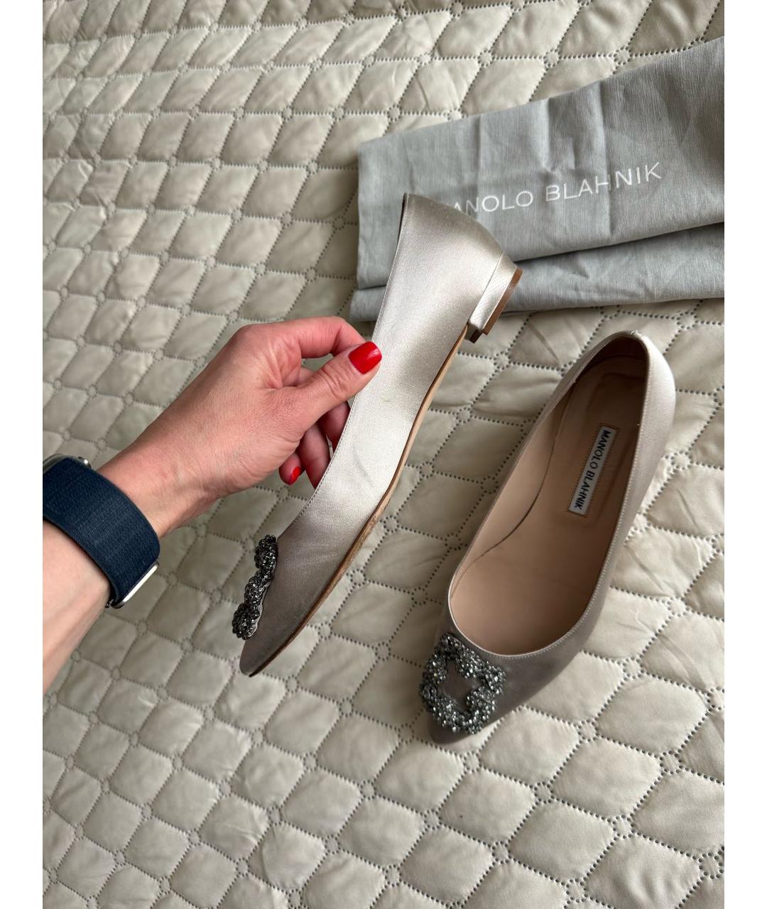 MANOLO BLAHNIK Бежевые текстильные балетки, фото 9