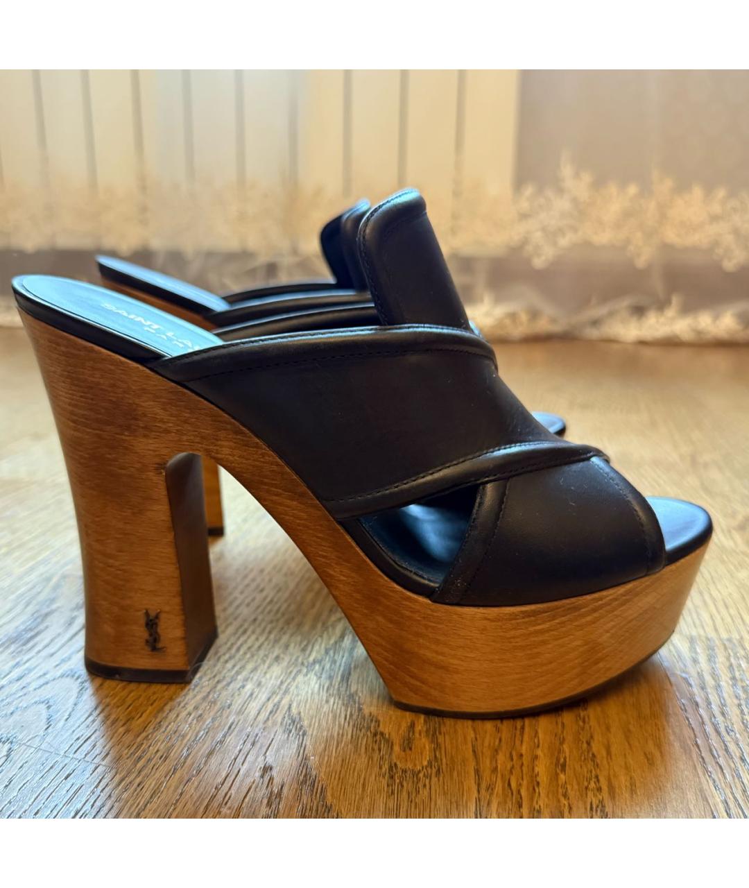 SAINT LAURENT Черные кожаные сабо, фото 2