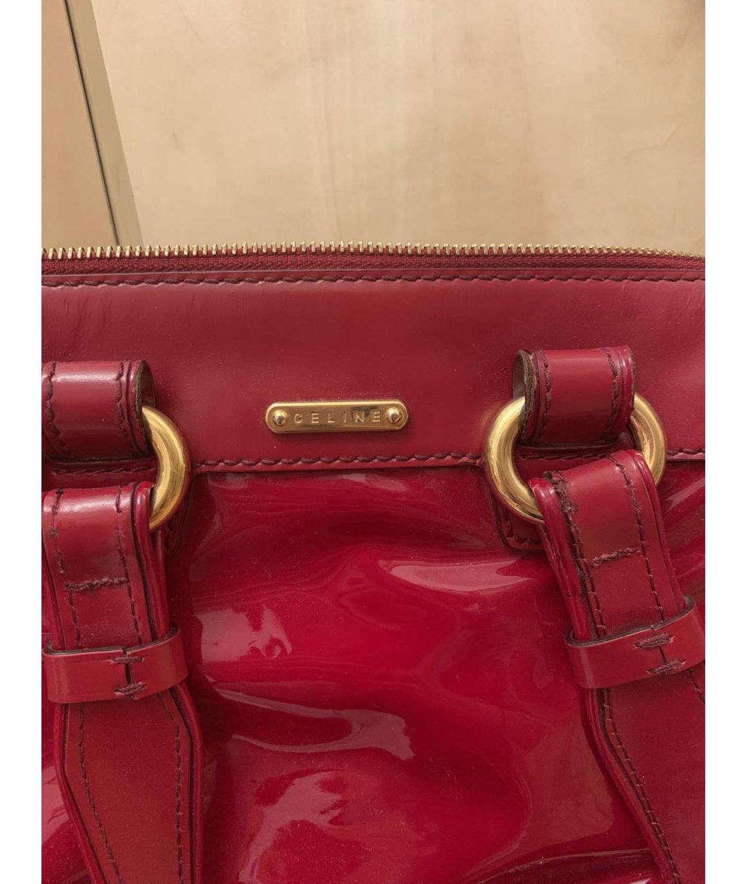 CELINE VINTAGE Красная сумка тоут из лакированной кожи, фото 7