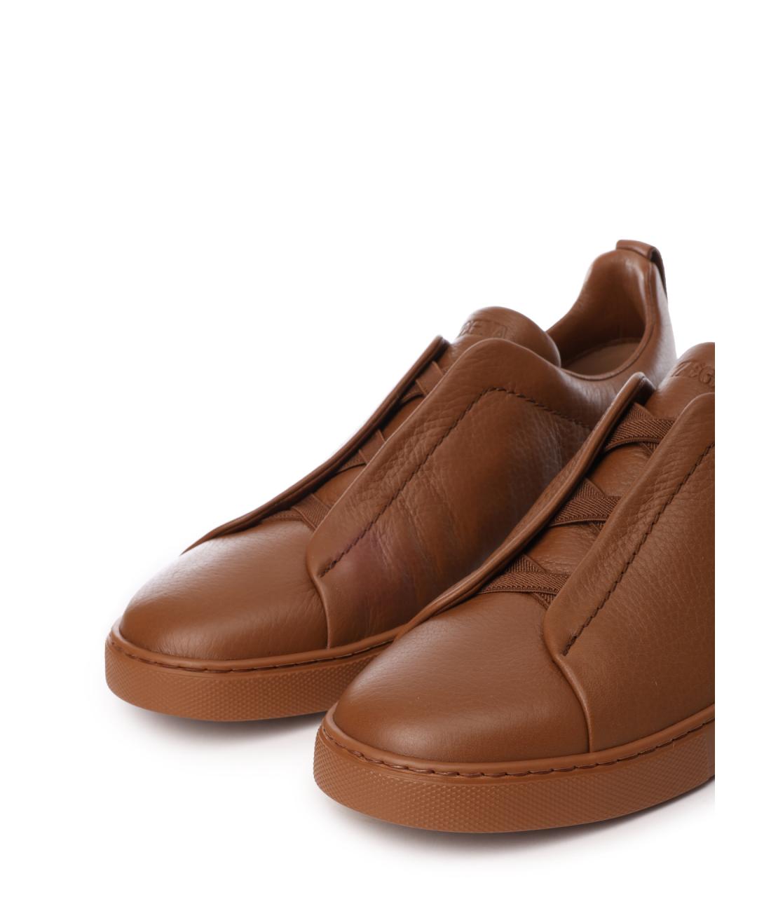 ZEGNA Коричневые кожаные низкие кроссовки / кеды, фото 4