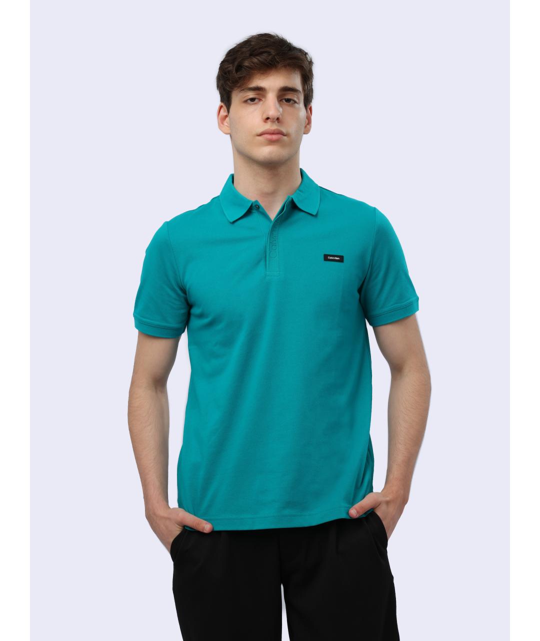 CALVIN KLEIN Бирюзовое хлопковое поло с коротким рукавом, фото 2